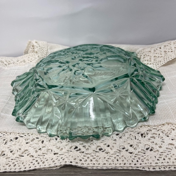 Federal Glass Pioneer fruit bowl, star & fan panels, 11”, scalloped aqua rim USA - Picture 5 of 7